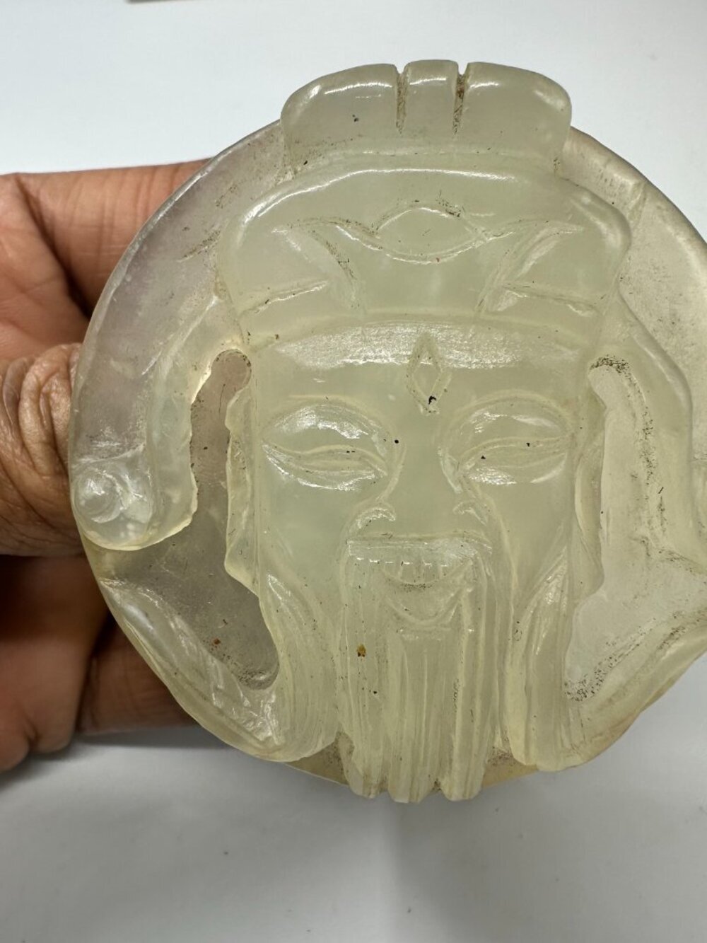 Vintage Belt Buckle Asian Warrior Face Carved Pale Green Sash Slide Round